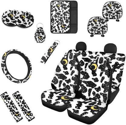 Polka Dot Moon Stars Car Seat Covers Set for Women Men Seat Belt Strap Cover