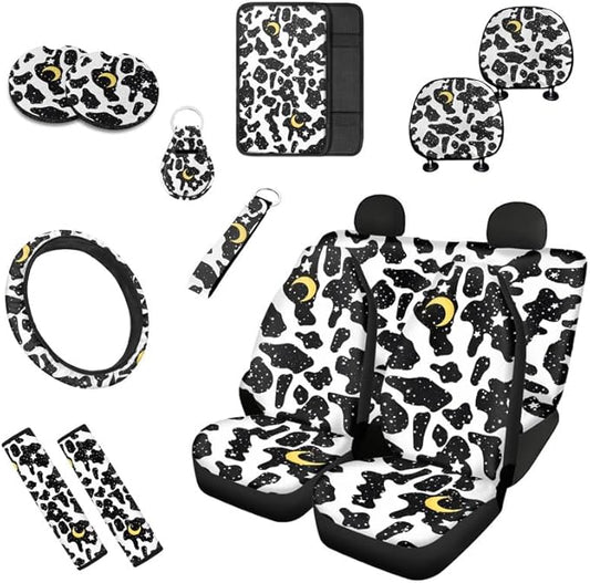 Polka Dot Moon Stars Car Seat Covers Set for Women Men Seat Belt Strap Cover