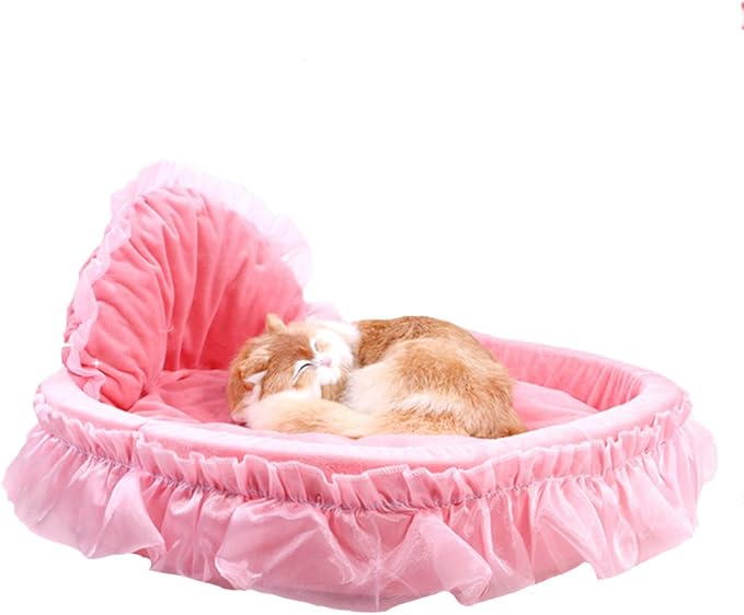 WYSBAOSHU Cute Princess Pet Bed Bow-TIE Lace Cat Sofa Soft Plush Small Dog Cushion Bed Kitten Puppy Round Beds (L, Pink)