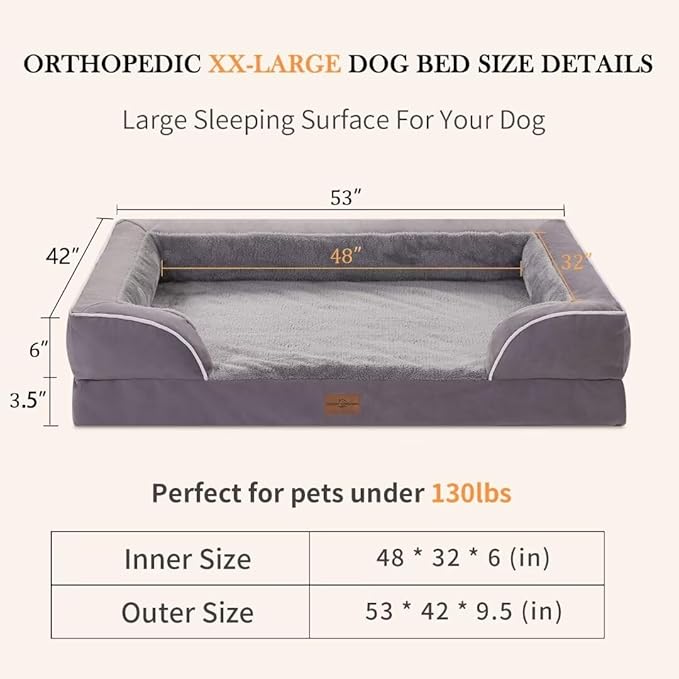 XXL Waterproof Orthopedic Dog Bed for Extra Large Dogs, Orthopedic Foam Dog Beds, Washable Dog Sofa Bed with Removable Cover & Non-Slip Bottom(XX-Large,Purple)