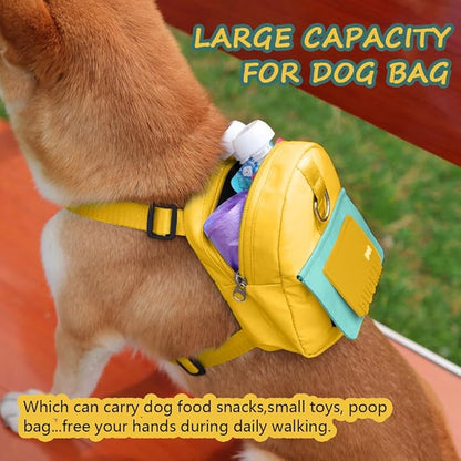 Dog Backpack Harness with Leash,Cute Pet Puppy Backpacks Bulid-in Dog Poop Bag Dispenser,Adjustable Pets Self Carrier Bag for Small Medium Dogs Travel Hiking Daily Walking(S, Yellow)