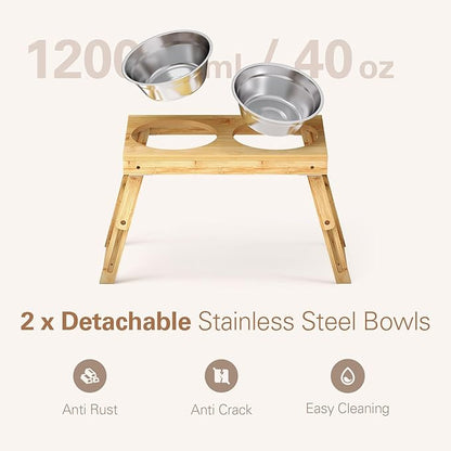 Zarler Bamboo Elevated Dog Bowls, 7.5'' - 11.5'' Adjustable Heights, Raised Dog Bowl with 2 1200ML Stainless Steel Dog Bowls, Dog Bowls Elevated for Small Medium and Large Dogs