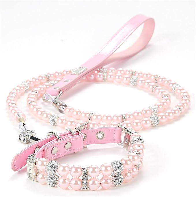 Small Dog Collars for Female Dogs, Pearl Dog Collar Leash Set Cute Pu Leather Cat Necklace with Crystal Rhinestone Diamond for Puppy XS Small Medium Dogs Wedding & Birthday Party Pink M