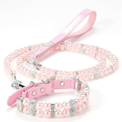 Small Dog Collars for Female Dogs, Pearl Dog Collar Leash Set Cute Pu Leather Cat Necklace with Crystal Rhinestone Diamond for Puppy XS Small Medium Dogs Wedding & Birthday Party Pink M