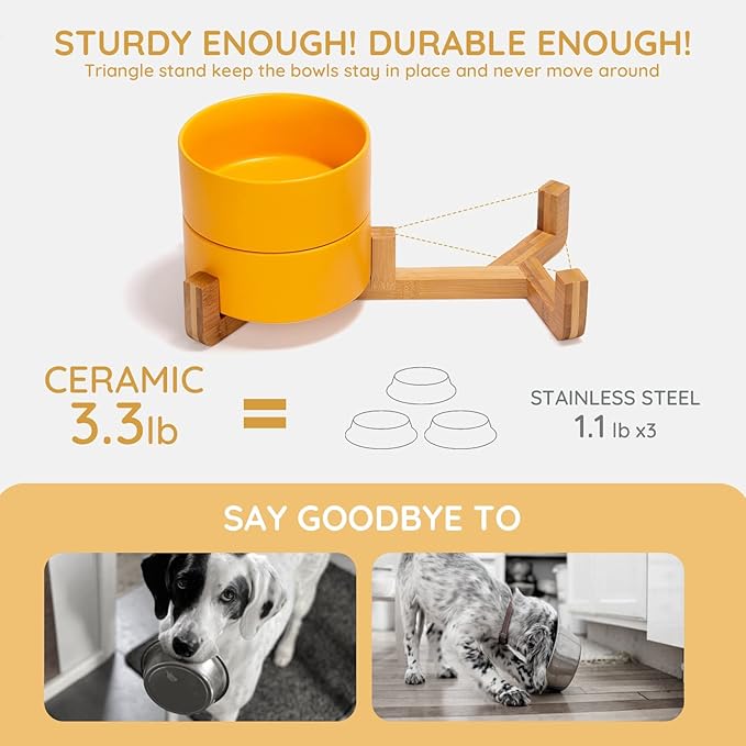 SPUNKYJUNKY Ceramic Dog and Cat Bowl with Wood Stand Non-Slip Matte Glaze Weighted Food Water Set for Cats &Small Dogs