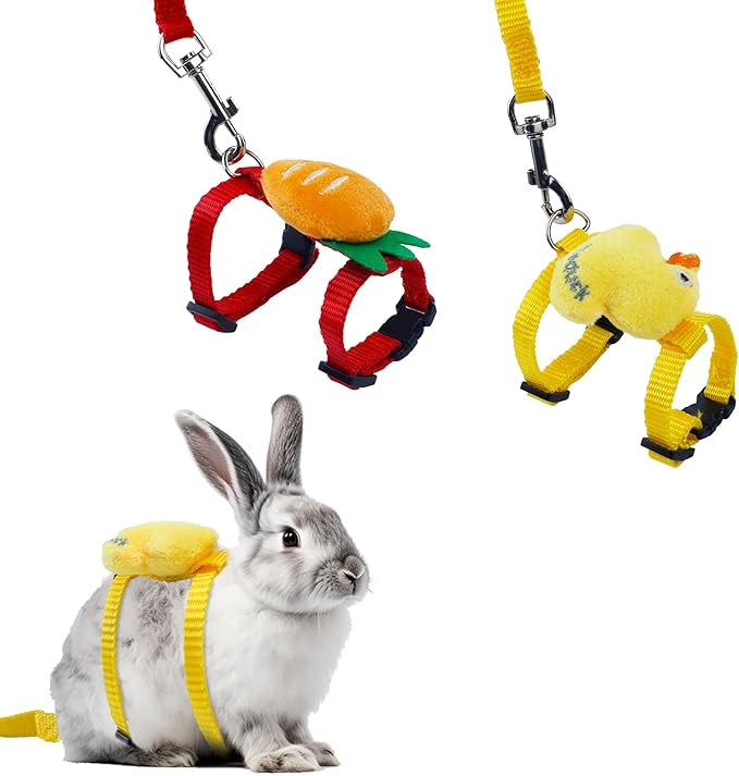 2 PCS Adjustable Rabbit Harness and Leash Set, Bunny Clothes for Rabbits, Small Pet Cute Vest Harness Leash with Decoration for Bunny Ferret Small Pets (Yellow and Red)