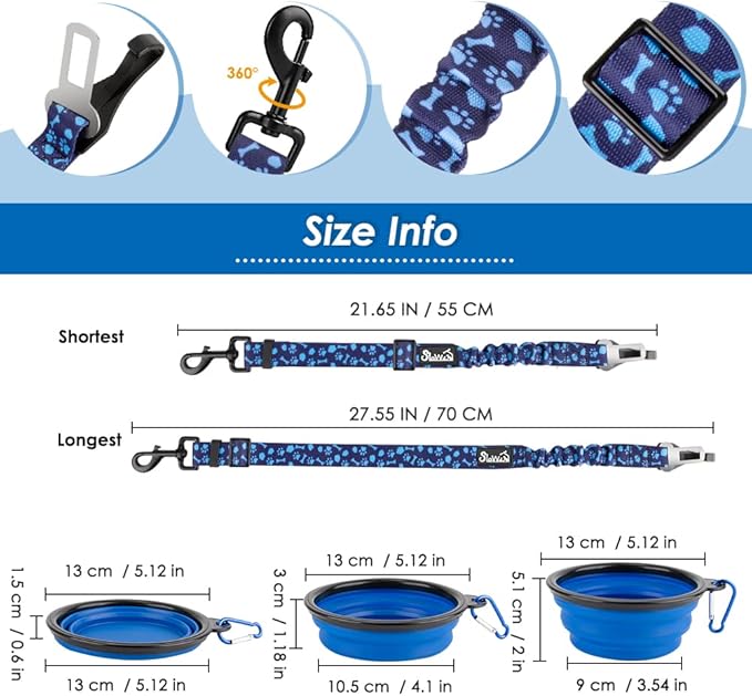 Lukovee Dog Seatbelt Leash for Cars, 2 Pack Pet Safety Car Seat Belt with Adjustable Buckle & Reflective Bungee, Connect Dog Harness in Vehicle Car Dogs Restraint Travel Daily Use (Blue Paw)