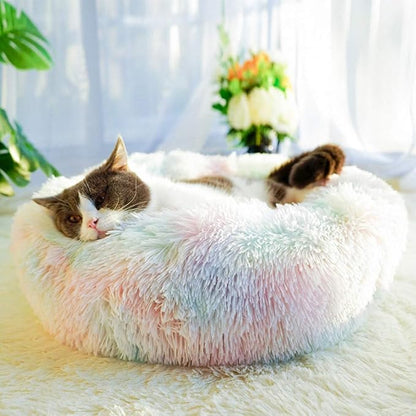 otoez Kitten Puppy Bed Extra Small XS Round Dog Cat Beds Anti Anxiety Plush Pet Calming Donut Bed with Non-Slip Waterproof Bottom (15.7", Rainbow)