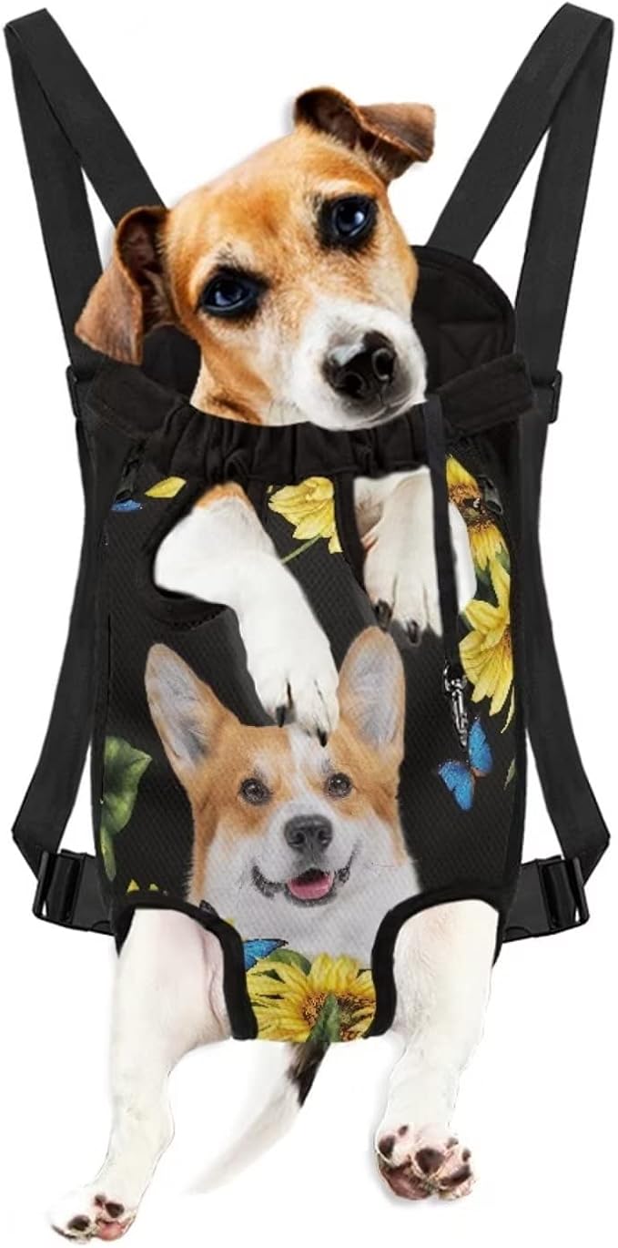 Cute Corgi Sunflower Carrier Backpack for Dog Cats Outdoor Travel Chest Holder,Adjustable Legs Out Easy-Fit Puppies Front Carrier for Hiking Camping,L