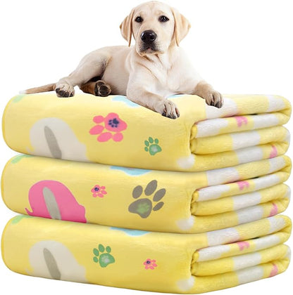 Rezutan 1 Pack 3 Premium Soft Dog Throw Blanket, with Flannel Yellow Cute Elephant Pattern and paw Prints,41x31 inches, Cat Blanket Puppy Pads Supplies Dog Products Stuff Essentials.