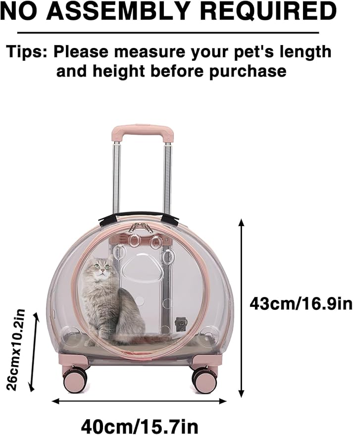 Cat Carrier with Wheels, Acrylic Rolling Cat Carrier with Retractable Pull Rods and Swivel Wheels, Comfortable and Breathable Pet Carrier with Wheels for Small Pets Kittens Dogs Rabbits(Light Pink)