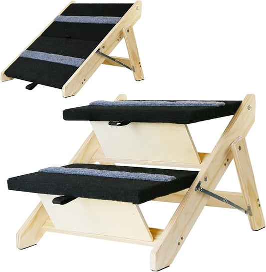 2-in-1 Indoor Pet Ramp, Wooden Folding 2-Tier Pet Stairs with Non-Slip Carpeted Steps, Ramp Perfect for Bed and Couch