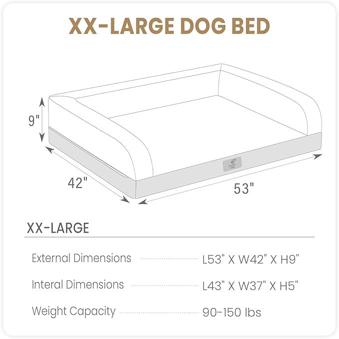 XXL Dog Bed, Dark Grey Washable Dog Bed Sofa with Removable Cover, Waterproof Dog Bed Couch with Nonslip Bottom, High Bolster Dog Bed, Orthopedic Large Dog Bed up to 150 lbs