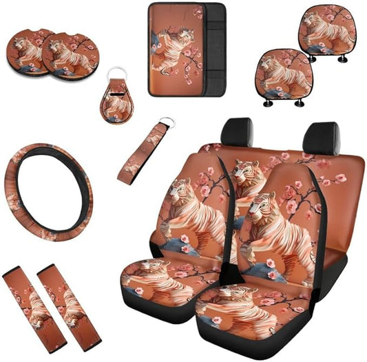 Orange Tiger Paper Sculpture 13 PCS Car Seat Cover Flower Tigers Full Set Front Back Seat Covers Steering Wheel Cover