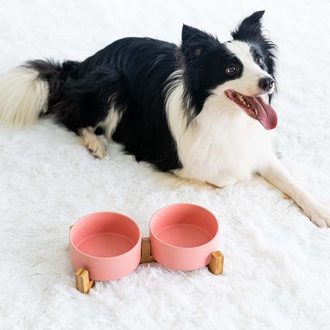 SPUNKYJUNKY Ceramic Dog and Cat Bowl with Wood Stand Non-Slip Matte Glaze Weighted Food Water Set for Cat Medium Dog 28.7 OZ