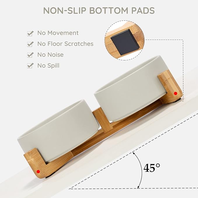 SPUNKYJUNKY Ceramic Dog and Cat Bowl with Wood Stand Non-Slip Matte Glaze Weighted Food Water Set for Cat Medium Dog 28.7 OZ