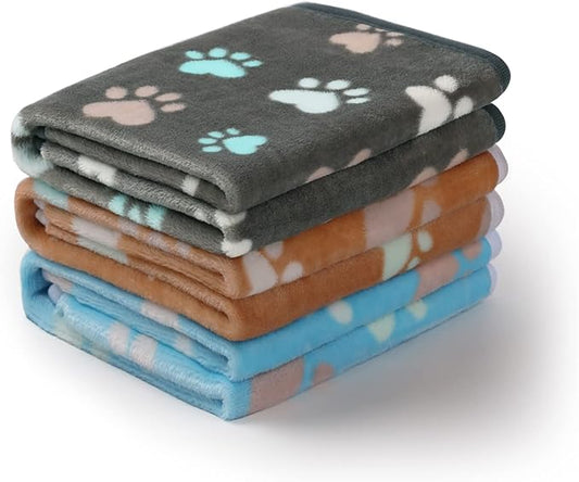 Luciphia 1 Pack 3 Blankets Fluffy Premium Fleece Pet Blanket Flannel Paw Printed Throw for Dog Cat(Large 41x31'', Grey/Brown/Blue)