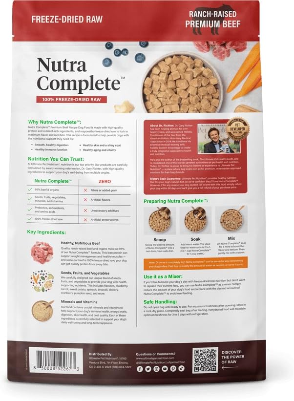 ULTIMATE PET NUTRITION Nutra Complete Raw Freeze Dried Dog Food, Veterinarian Formulated with Antioxidants, Prebiotics & Amino Acids (48 Ounce, Beef)