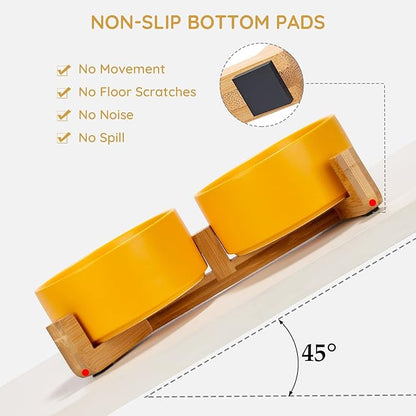 SPUNKYJUNKY Ceramic Dog and Cat Bowl with Wood Stand Non-Slip Matte Glaze Weighted Food Water Set for Cat Medium Dog 28.7 OZ