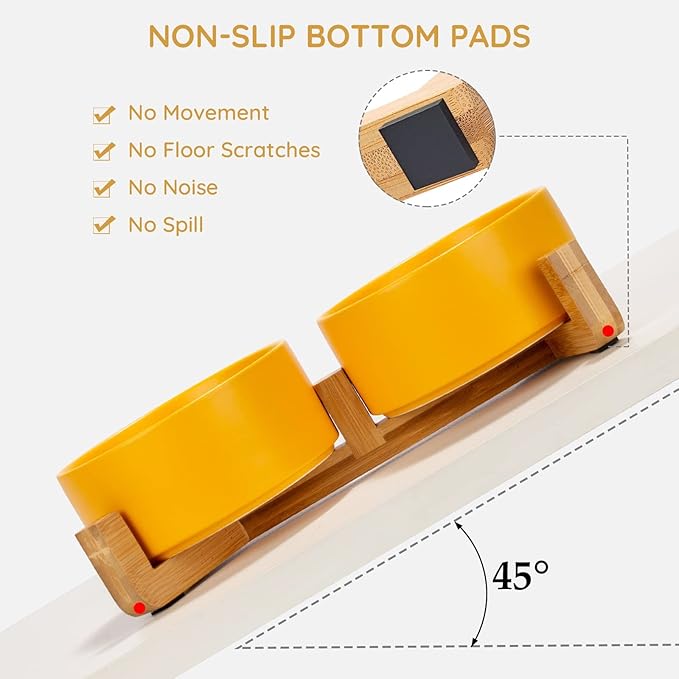 SPUNKYJUNKY Ceramic Dog and Cat Bowl with Wood Stand Non-Slip Matte Glaze Weighted Food Water Set for Cat Medium Dog 28.7 OZ