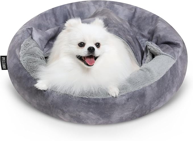 Cozy Soft Dog Bed with Hooded Blanket Warm Calming Cat Cave for Small Medium Dogs and Cats 23x23x6″