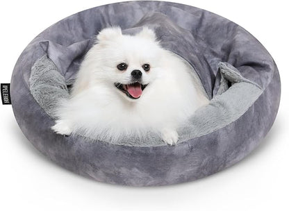 Cozy Soft Dog Bed with Hooded Blanket Warm Calming Cat Cave for Small Medium Dogs and Cats 23x23x6″
