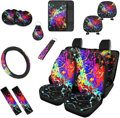 Graffiti Painting Car Seat Covers Set for Women Men Splashing Paintings Seat Belt Strap Cover