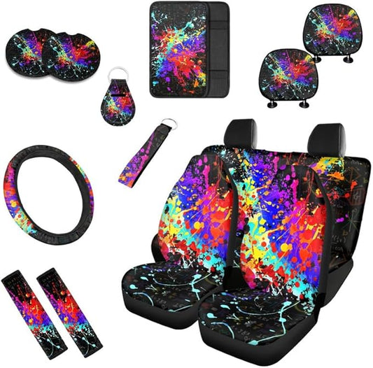 Graffiti Painting Car Seat Covers Set for Women Men Splashing Paintings Seat Belt Strap Cover