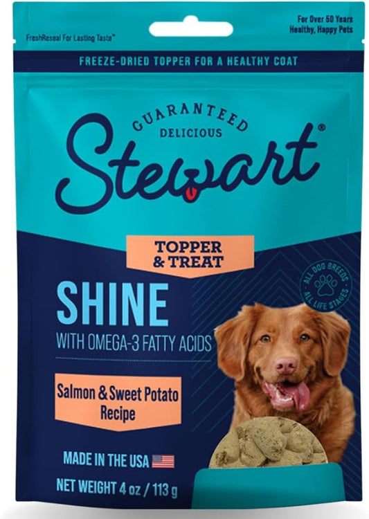 Stewart Freeze Dried Dog Food Topper, Shine, Salmon and Sweet Potato Recipe, 4 Ounce Pouch, Omega-3 for a Healthy Coat