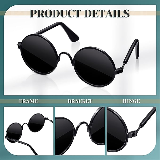 Dog Sunglasses Retro Pet Glasses Doll Glasses Classic Round Dog Glasses Metal Cat Puppy Eye Wear Hippie Costumes for Cats and Dogs
