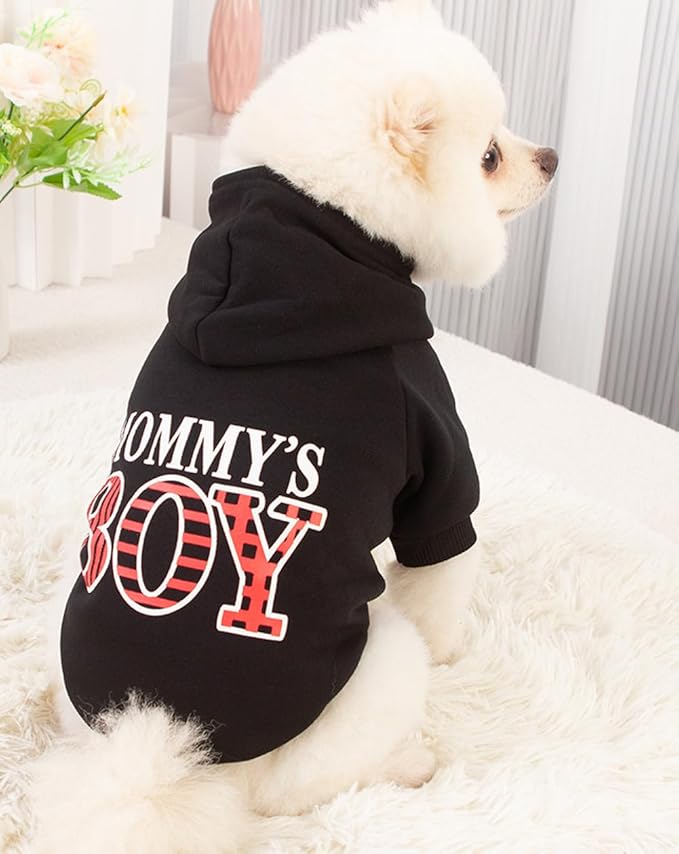 Elledia Dog Hoodie Mommy's Boy Printed Sweatshirts Pet Winter Outfit with Hat Puppy Warm Coat with Leash Hole Hooded Clothes for Small Dogs Cats Puppies