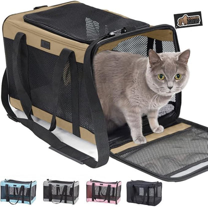 Gorilla Grip Airline Travel Cat Carrier Bag Up to 15 Lbs, Breathable Mesh Collapsible Pet Carriers for Small, Medium Cats, Small Dogs, Puppies, Portable Kennel with Soft Washable Waterproof Pad, Beige