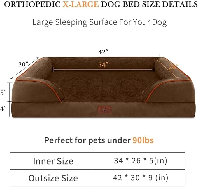 XL Orthopedic Dog Beds for Extra Large Dogs, Waterproof Dog Bed with Bolster, Washable Dog Bed Sofa Pet Bed with Removable Cover & Non-Slip Bottom(X-Large,Chocolate Brown)