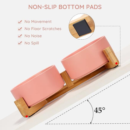 SPUNKYJUNKY Ceramic Dog and Cat Bowl with Wood Stand Non-Slip Matte Glaze Weighted Food Water Set for Cat Medium Dog 28.7 OZ