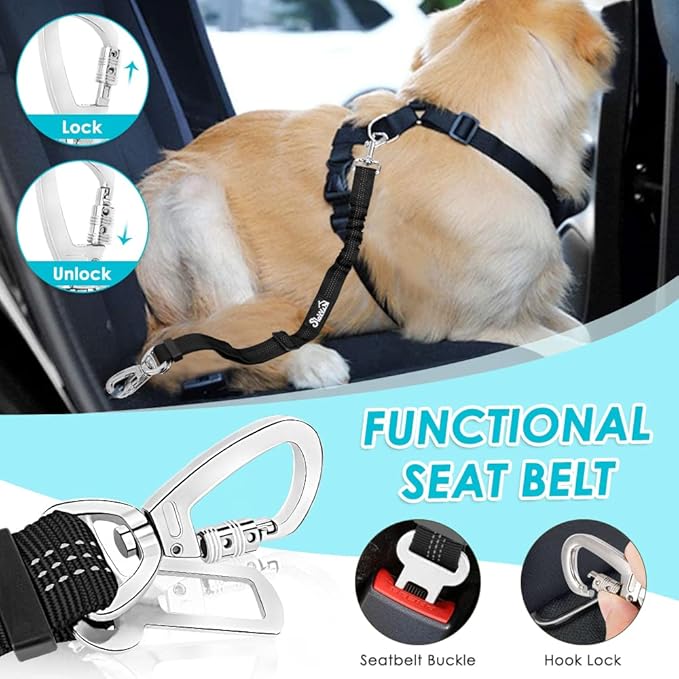 SlowTon Dog Seat Belt Harness for Car, Dog Car Harness Adjustable Mesh Breathable & Dog Seatbelt Safety Tether with Elastic Bungee for Small Medium Large Pets(Light Blue, Double Clip, M)