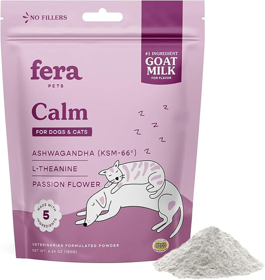 Fera Pet Organics Calming Goat Milk Cat & Dog – Vet Created - Pet Anxiety, Stress & Hyperactivity - Ashwagandha Supplement with GABA-60 Servings