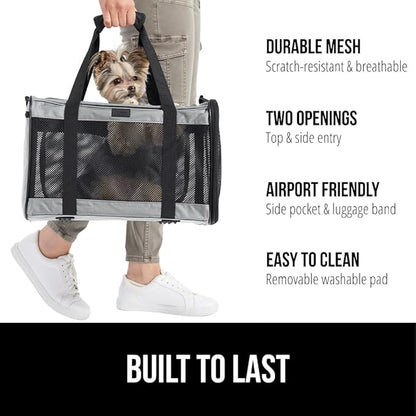 Gorilla Grip Airline Travel Cat Carrier Bag Up to 15 Lbs, Breathable Mesh Collapsible Pet Carriers for Small, Medium Cats, Small Dogs, Puppies, Portable Kennel with Soft Washable Waterproof Pad Gray