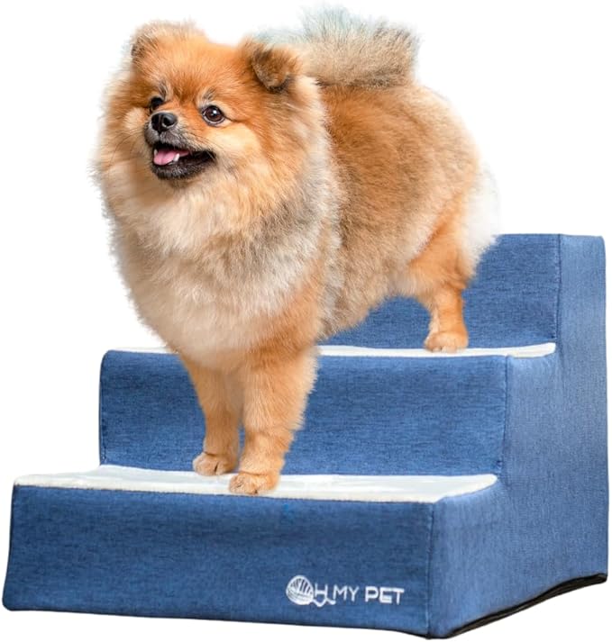 3-Step Pet Stairs for Small Dogs and Cats, Portable Ramp Stairs for Couch, Sofa, High Bed Climbing, Non-Slip Balanced Step Support, Paw Safe, Easy to Assemble (Dark Blue & Light Gray)