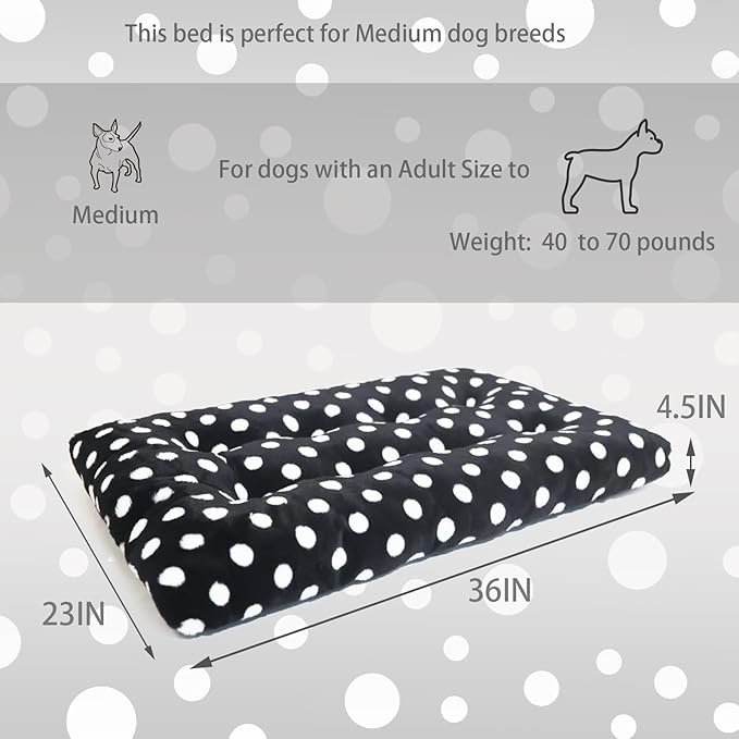 36 inch Dog Crate pad fits 40-70 lbs Dogs, fits 36 x 23 Dog Crate Bed, Washable, Anti-Slip, Short Plush, Black with White dots,