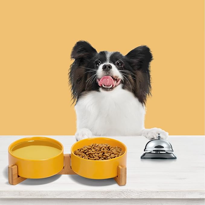 SPUNKYJUNKY Ceramic Dog and Cat Bowl with Wood Stand Non-Slip Matte Glaze Weighted Food Water Set for Cats &Small Dogs