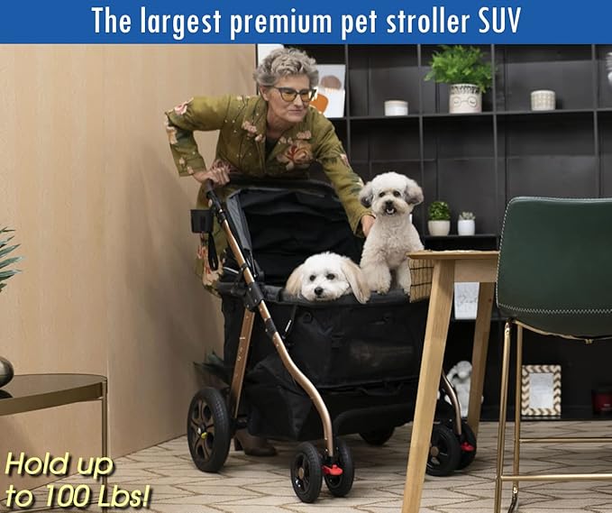 HPZ Pet Rover Titan-HD Premium Super-Sized Dog/Cat/Pet Stroller SUV Travel Carriage/w Access Ramp/100Lbs Capacity/Pumpless Rubber Wheels/Aluminum Frame for Small