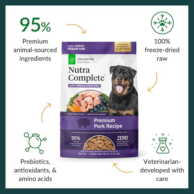 ULTIMATE PET NUTRITION Nutra Complete Raw Freeze Dried Dog Food, Veterinarian Formulated with Antioxidants, Prebiotics & Amino Acids (3 Pound, Pork)