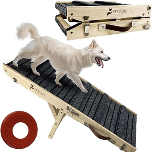 Folding Pet Ramp with Crossbars for Small Dogs and Cats Plus Toy Disc, 19" Adjustable Height Options with Non-Slip Surface, Up to 50lbs Also for Rabbits, Hamsters 4 Levels for Bed and Car, Oak Wood