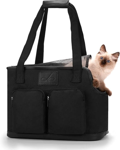 Dog Carrier Purse, Foldable Waterproof Premium PU Leather Oxford Cloth Dog Carrier Bag, Pet Travel Tote Bag with Pockets for Cat and Small Dog