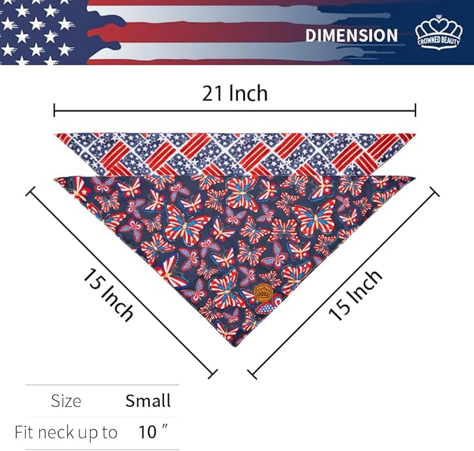 CROWNED BEAUTY 4th of July Patriotic Dog Bandanas Reversible Small 2 Pack DB121-S