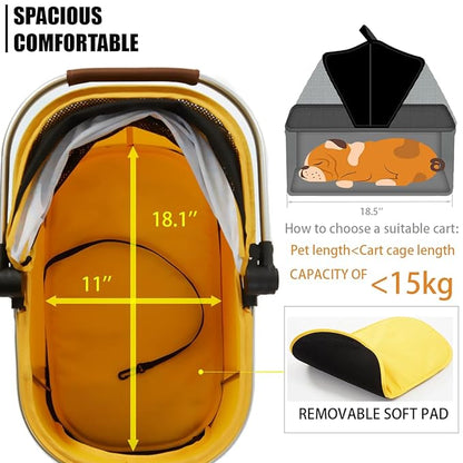 3 in 1 Pet Stroller Cats Dogs Folding Cat Stroller Detachable Carrier 33lb Max 4 Wheels