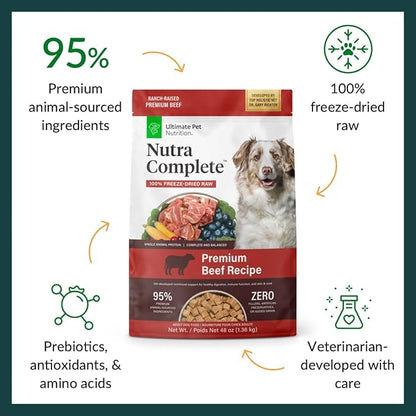 ULTIMATE PET NUTRITION Nutra Complete Raw Freeze Dried Dog Food, Veterinarian Formulated with Antioxidants, Prebiotics & Amino Acids (3 Pound, Beef)