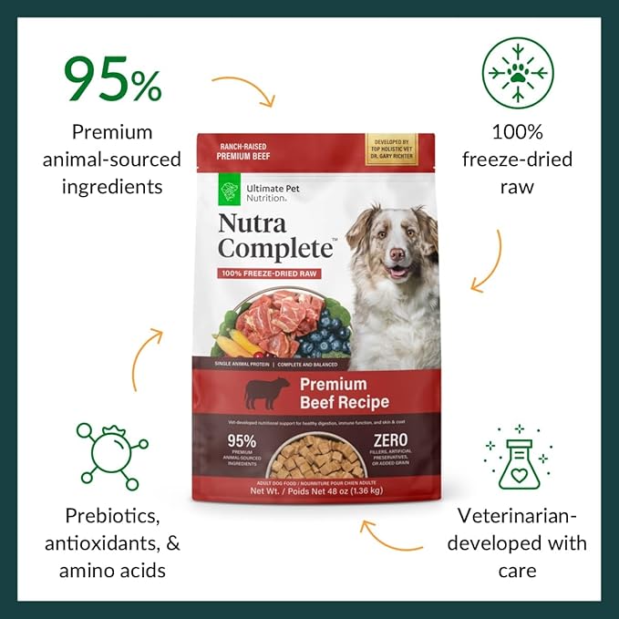 ULTIMATE PET NUTRITION Nutra Complete Raw Freeze Dried Dog Food, Veterinarian Formulated with Antioxidants, Prebiotics & Amino Acids (48 Ounce, Beef)