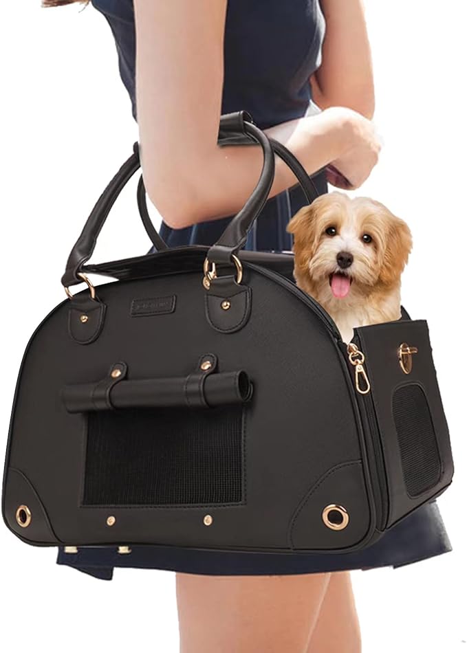 Dog Carrier, Cat Carrier, Pet Carrier, Foldable Premium PU Leather Dog Purse, Portable Tote Bag Carrier for Small to Medium Cats and Small Dogs（Black-Small）