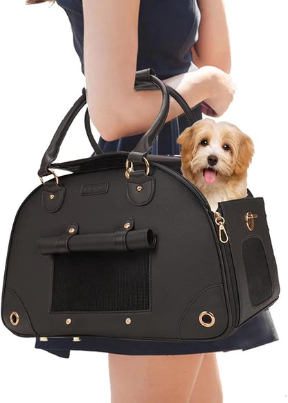 Dog Carrier, Cat Carrier, Pet Carrier, Foldable Premium PU Leather Dog Purse, Portable Tote Bag Carrier for Small to Medium Cats and Small Dogs（Black-Medium）